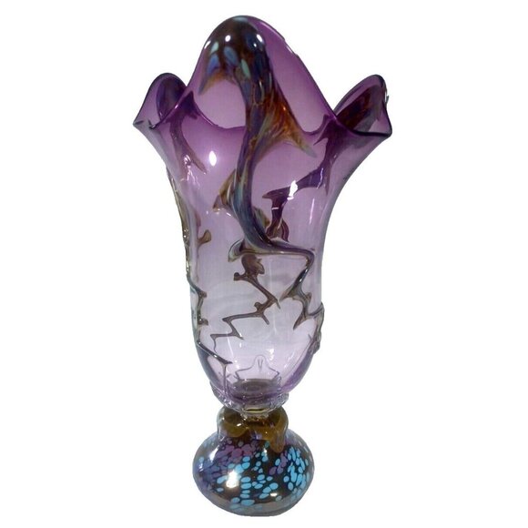 Unique 13 X 7.5 Purple Art Deco Murano Vines Confetti Centerpiece Vase Vintage - Picture 4 of 16